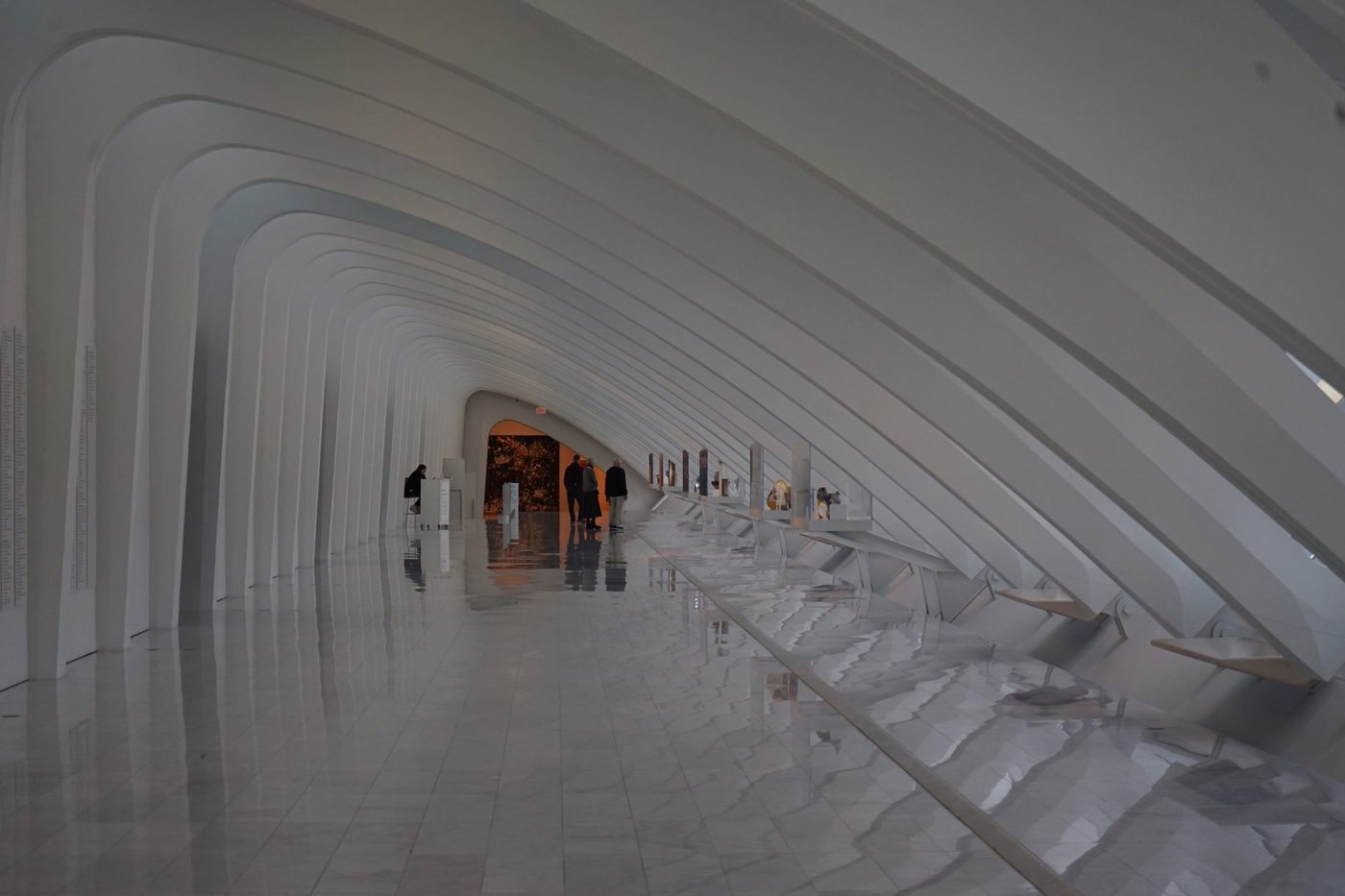 The white ribbed vaulted interior of the Quadracci Pavilion