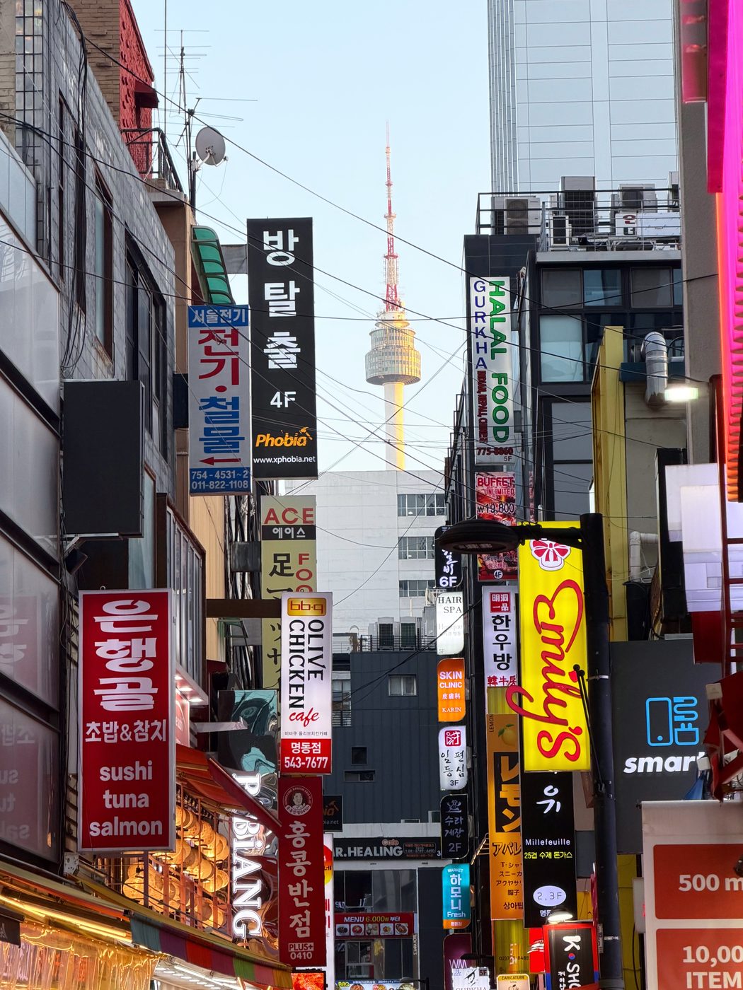 A narrow street crowded with signs, N Seoul Tower in the distance
